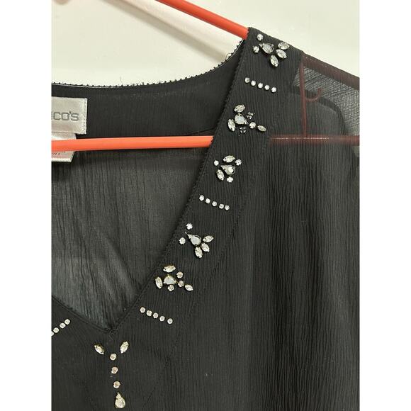 Chico's 100% Silk Tunic Top‎ Blouse Rhinestone V Neck Crinkle Size 1 (Medium) - Picture 3 of 10